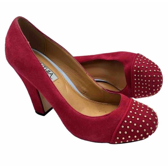 Cynthia Rowley Halo Womens Heel Pump Size 6M Red Beaded Suede Round Toe - Picture 2 of 11